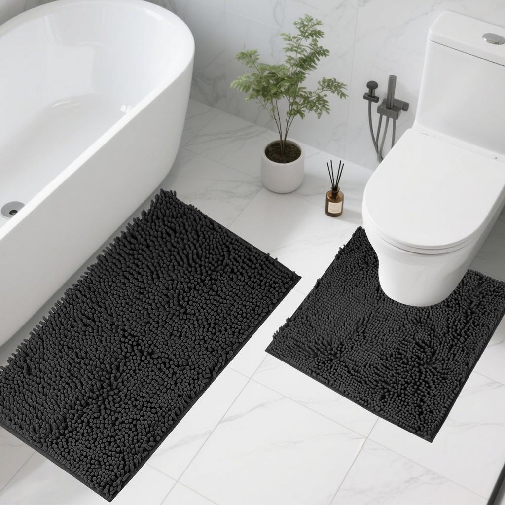 1/2Piece Loop Bath Mats for Bathroom Non Slip Chenille Bath Mat Set Rugs with Water Absorbent Pedestal Bathmat Shower Toilet Mat
