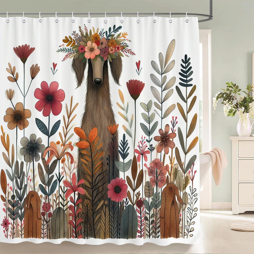 Flowers Dog Shower Curtain with Hooks Home Decor for Watercolor Plants and Floral Bathroom Curtain Polyester Fabric Bath Curtain
