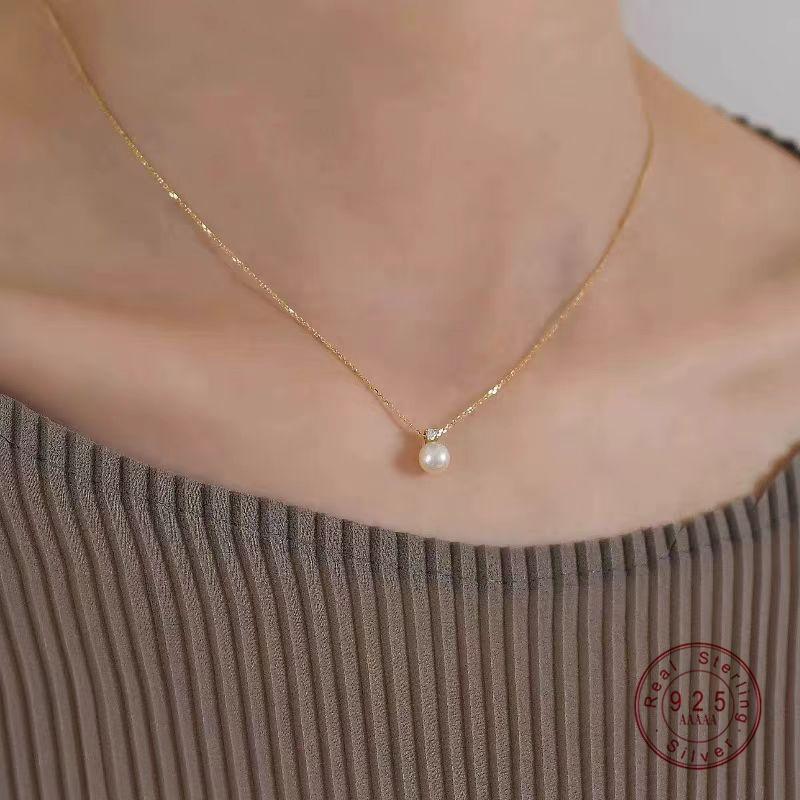 925 Sterling Silver Electroplated 18K Gold Light Luxury Shell Pearl Zircon Geomet Jewelry Giftsric Pendant Necklace for Women