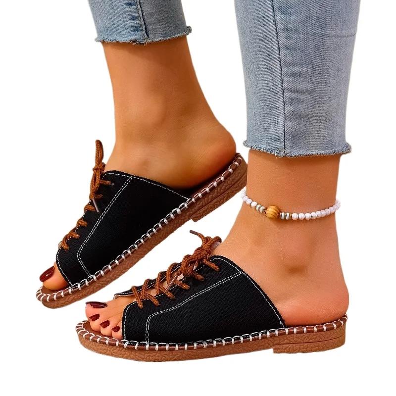 2025 Summer New Women's Open Toe Slippers Hot Sale Front Lace-up Low Heel Sandals Plus Size High Quality Outdoor Casual Slippers