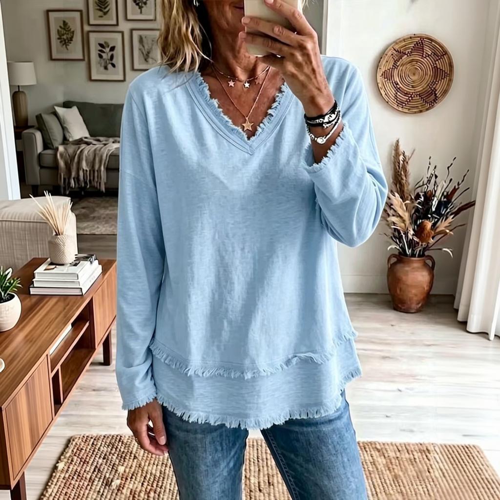 Women's Casual V-Neck Long Sleeve Cotton Linen Top Color