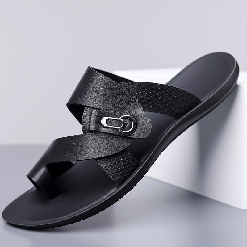Men Black Leather Slippers Simple Flats Summer White Outdoor Brown Open Toe Wide Head Beach Shoes Plus Size