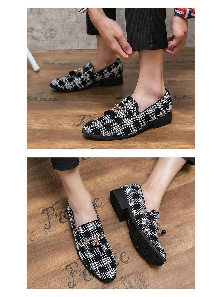 Męskie Casualowe Skórzane Buty w Kratkę z Frędzlami - Koreański Styl, Oddychające, Szpiczasty Wzór na Wiosnę i Jesień 2022