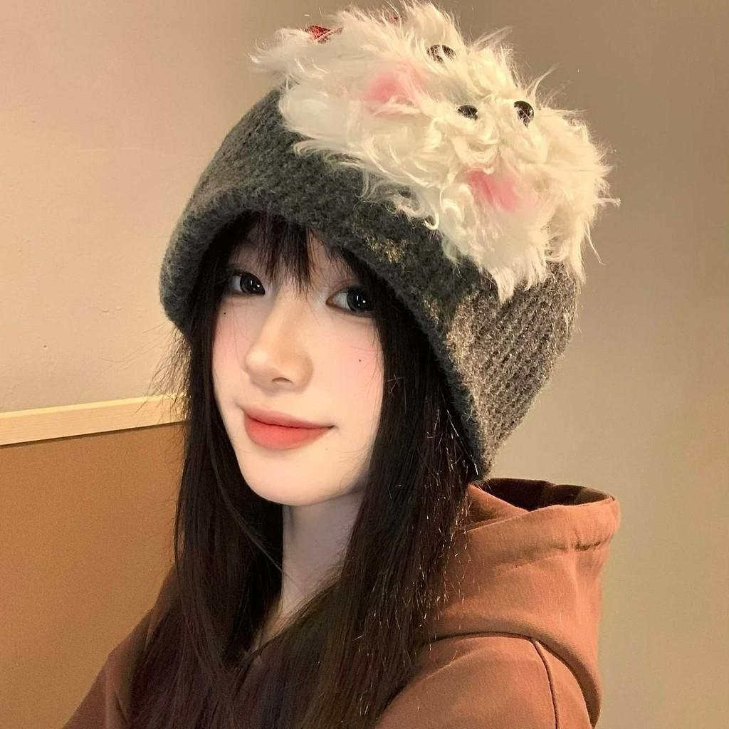 Trendy Dog Knitted Plush Winter Hat For Women Soft And Warm Accessory Fashionable