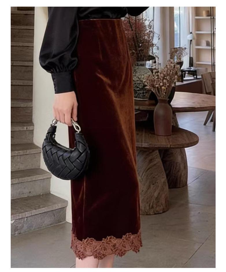 Rongtai Women's Textured Velour Embroidered Lace Hem Bodycon A-line Skirt 2026.