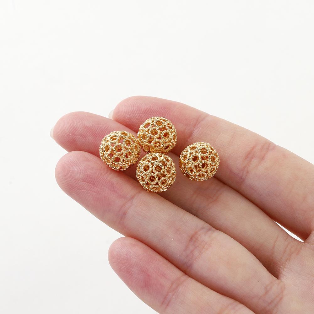 5 Stück 10mm 14K 18K Goldfarbe Beschichtetes Messing Metall Hohl Runde Perlen Armbandperlen Hohe Qualität DIY Schmuckherstellung Zubehör