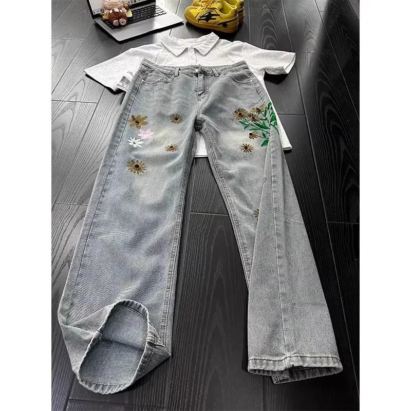 Cleanfit Floral Embroidered Jeans Men Women Slim Flared Streetwear Denim Pants