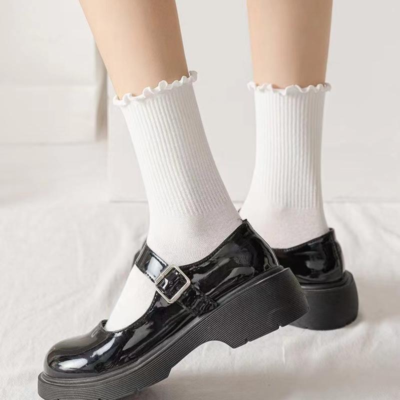 1 par /Lote Calcetines para Mujer Volante Algodón Tubo Medio Tobillo Corto Transpirable Negro Blanco set Primavera Otoño