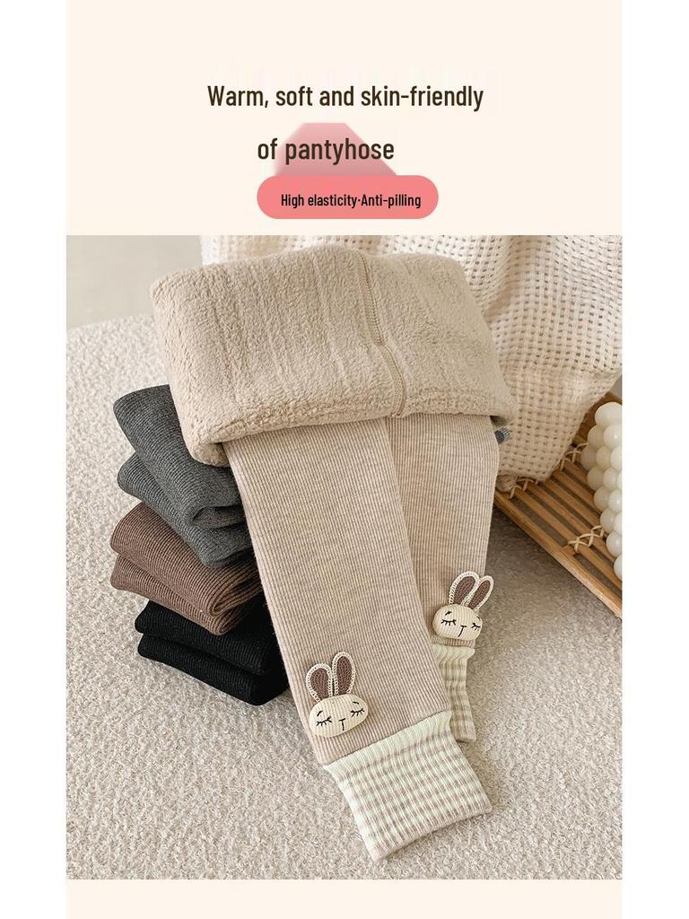 Girls' Velvet-Lined Fleece Leggings - Medium-Thick, Striped Rabbit Design for Winter