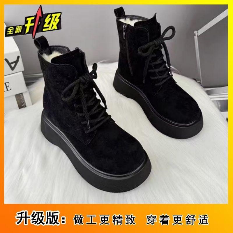 Autumn and winter new velvet thickened warm cold showing feet small cotton shoes retro round head heightening short boots women