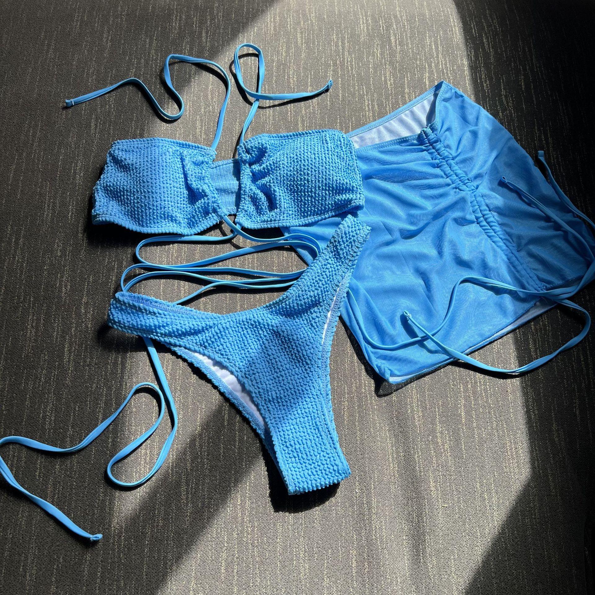 2026 European and American New Pleated Cloth Drawstring Strap Mesh Three-piece Swimsuit Bikini S