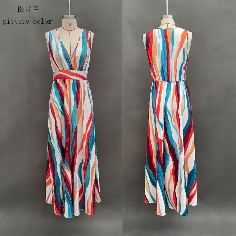 European and American Spring and Summer Women's Clothing, Wavy Striped Deep V Sleeveless Off-the-shoulder Loose Long Dress New