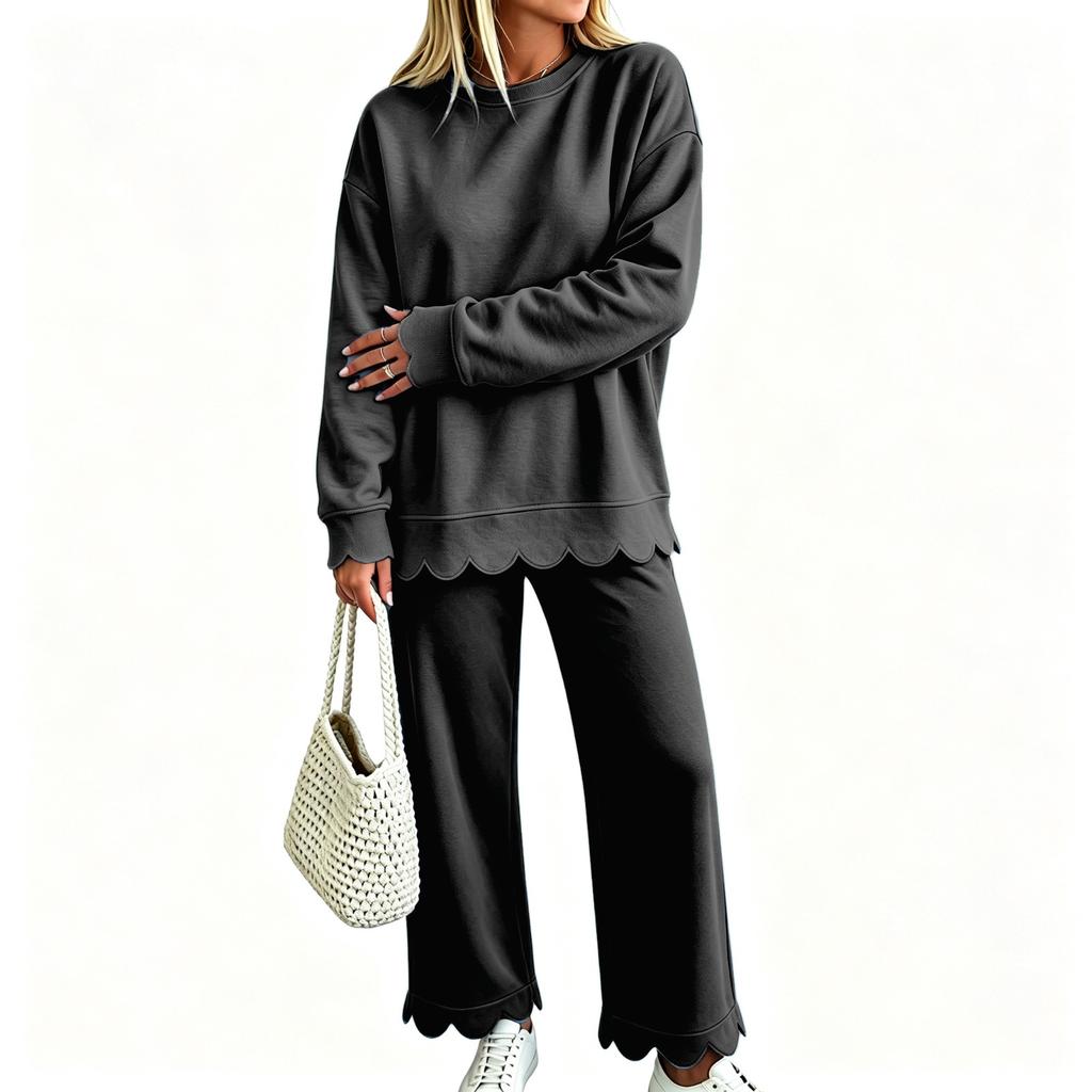 Women's Casual Scalloped Wavy Hem Long Sleeve Sweatshirt and Pants Set, Fashion Outfit
