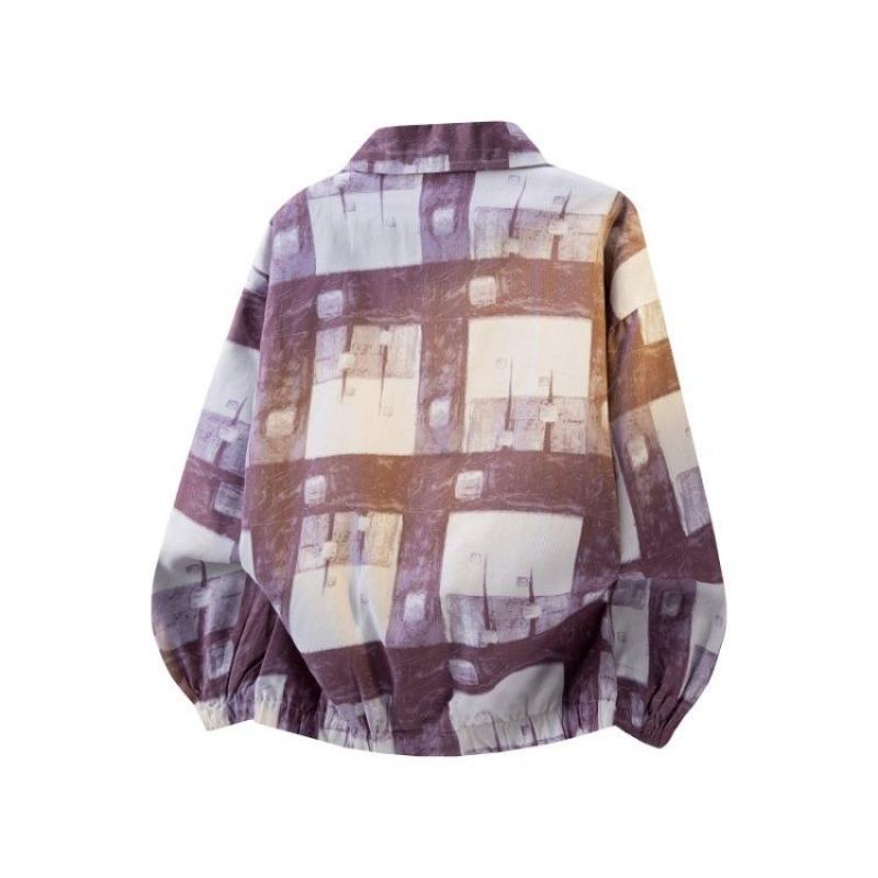 Men's Abstract Plaid Print Jacket Turn-Down Collar Button Down Oversized Streetwear Coat