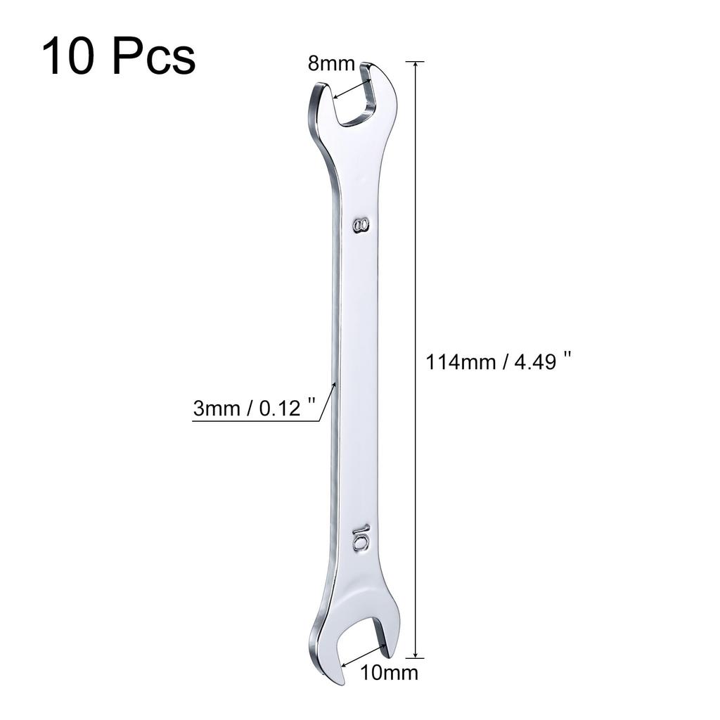 Uxcell Thin Open End 8mm X Metric Double Open End Chrome Mirror High Carbon Thin Wrenches for Home Machine 10 Pieces Wrenches, 10mm, Wrenches, Plated,