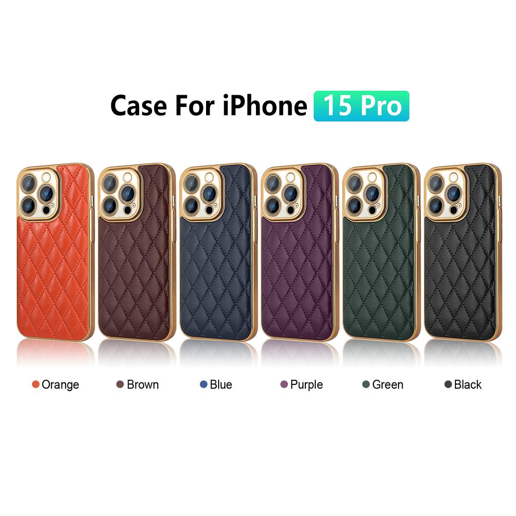 Luxury 3D Diamond Pattern Plating Leather Cases For iPhone 15 Pro Max 14 11 12 13 Shockproof Bumper Hard Lens Protection Cover