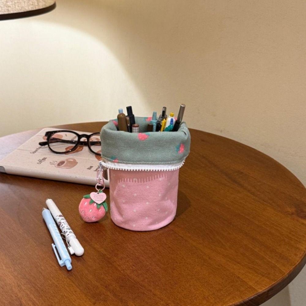 Cylindrical Stand Up Pen Bag Strawberry Pencil Case Cute Cosmetic Bag  Students Supplies