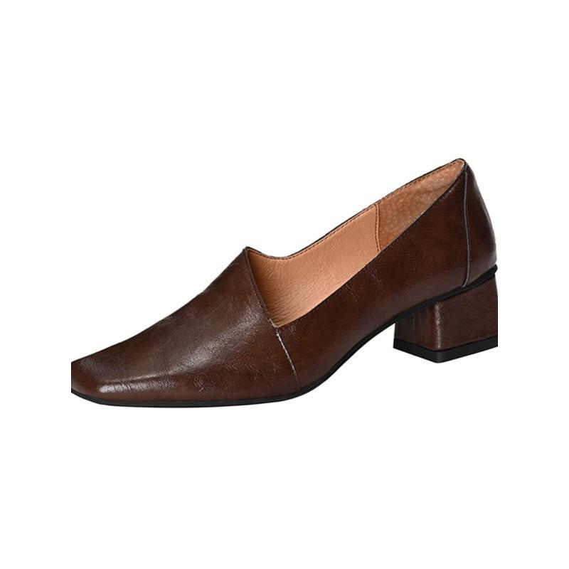 Square head single shoes women's 2025 new loafers spring French medium heel thick heel commuter high heels
