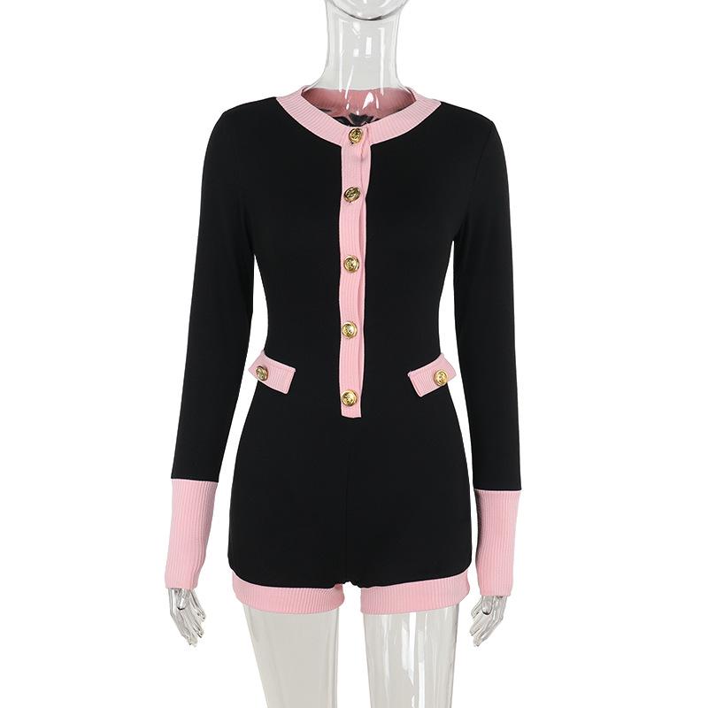 Autumn 2024 Women's French-Style Slim Fit Knitted Contrast Color Long Sleeve Jumpsuit