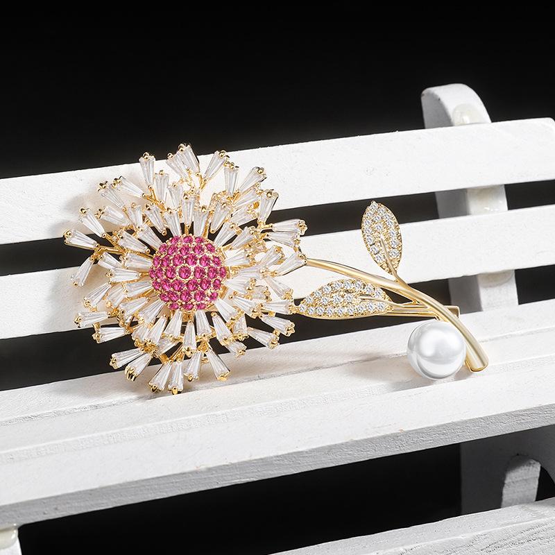 Timeless Dandelion Zircon Brooch - Elegant Flower Pin for Women's Clothing Accessories