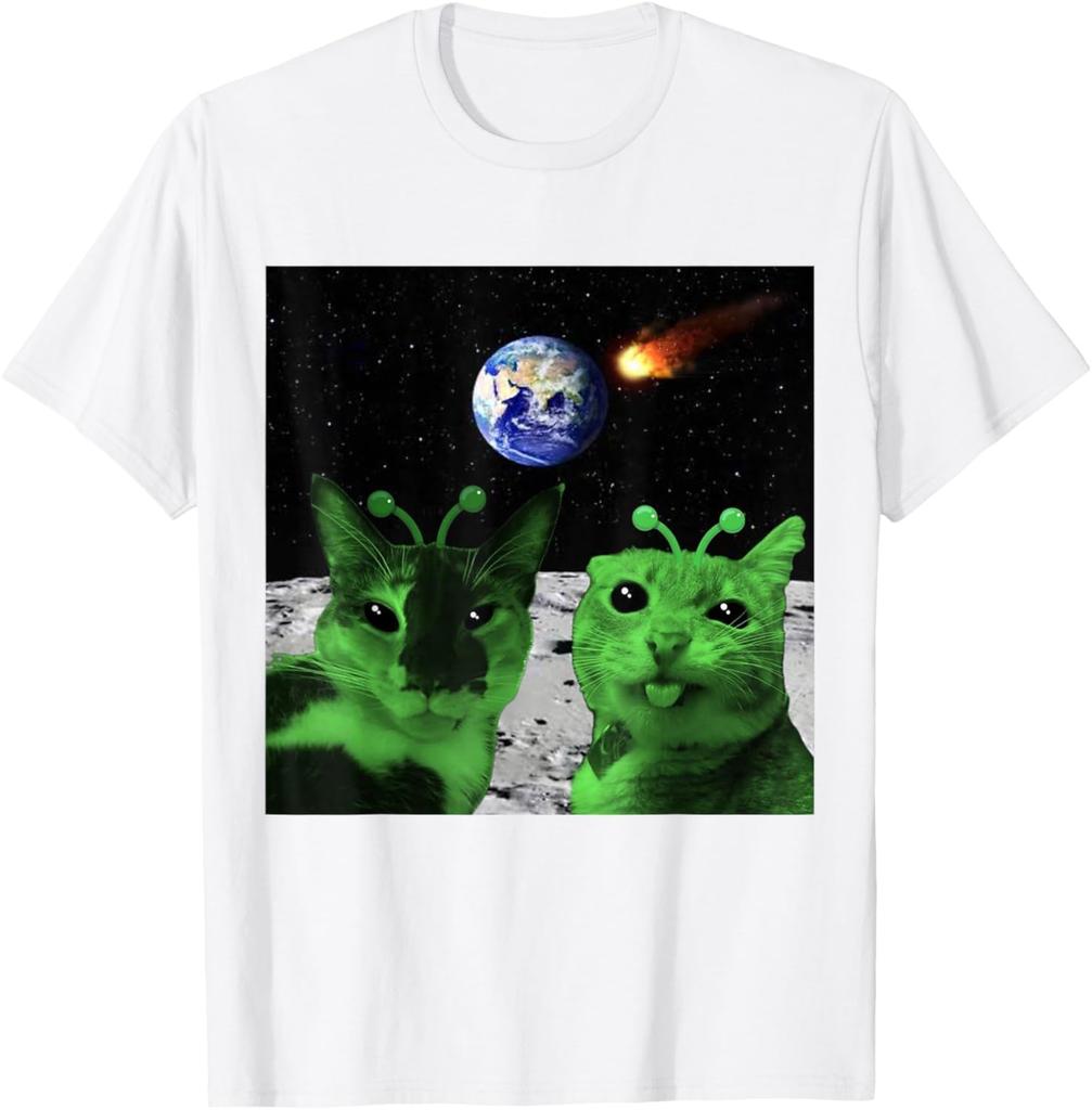 Alien Cats Moon Meteor Earth Invasion Graphic Tee Men's Casual Cotton T-Shirt