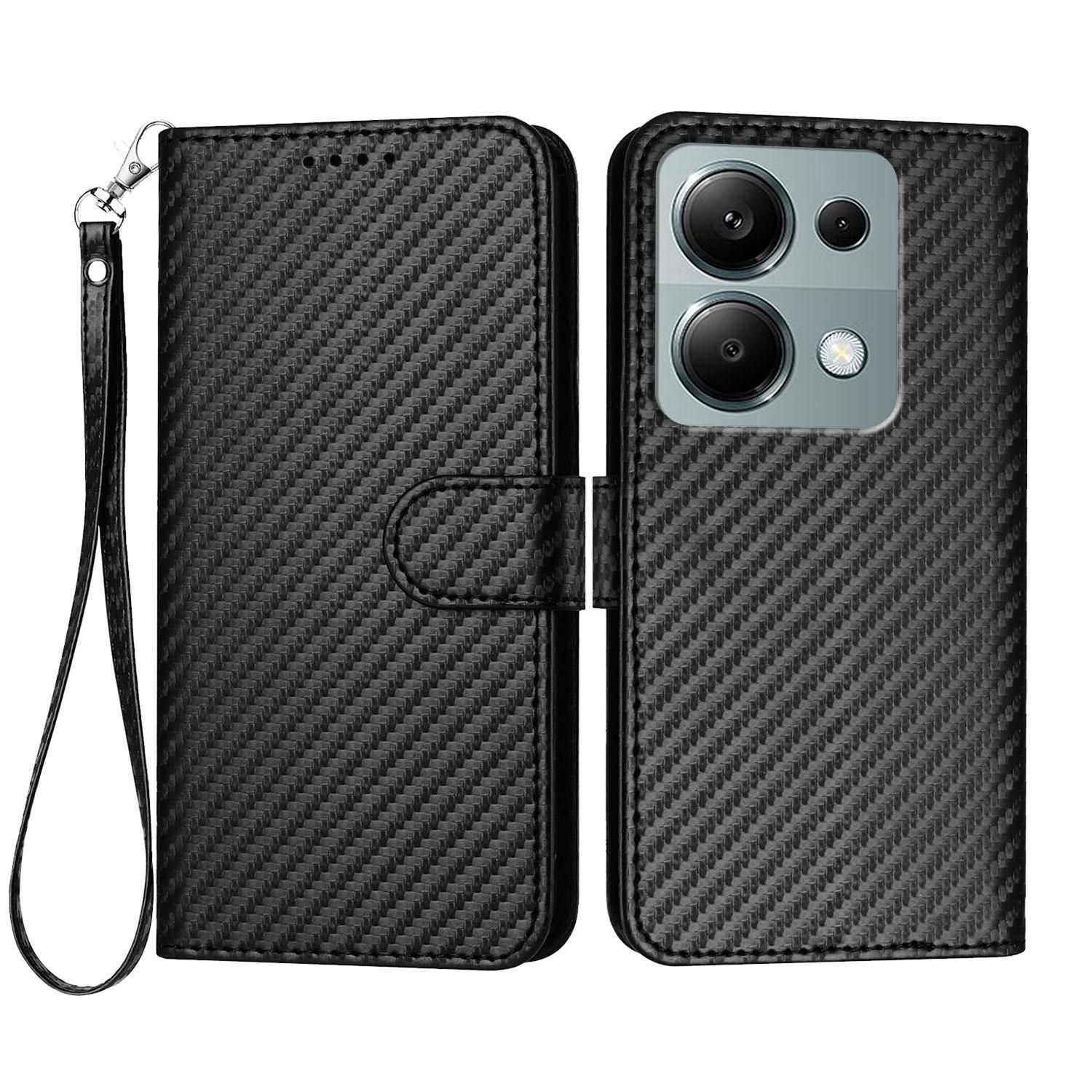 

Для Xiaomi Poco M6 Pro 4G/Xiaomi Redmi Note 13 Pro 4G Чохол-гаманець з ремінцем Шкіряний мобільний чохол з текстурою карбонового волокна Black