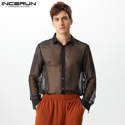 Männer Langarm Revers Hals Mesh Sheer Durchsichtig Party Tops Nacht Club Shirts