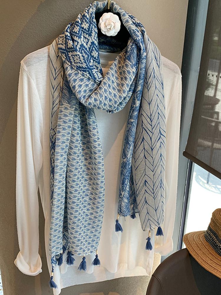 Elegant Women Silk Scarf Wrap Shawl Blue Print Sunscreen Bandanas Hijab Mujer Lady Scarve Pareo Headscarf Travel Boho Fashion
