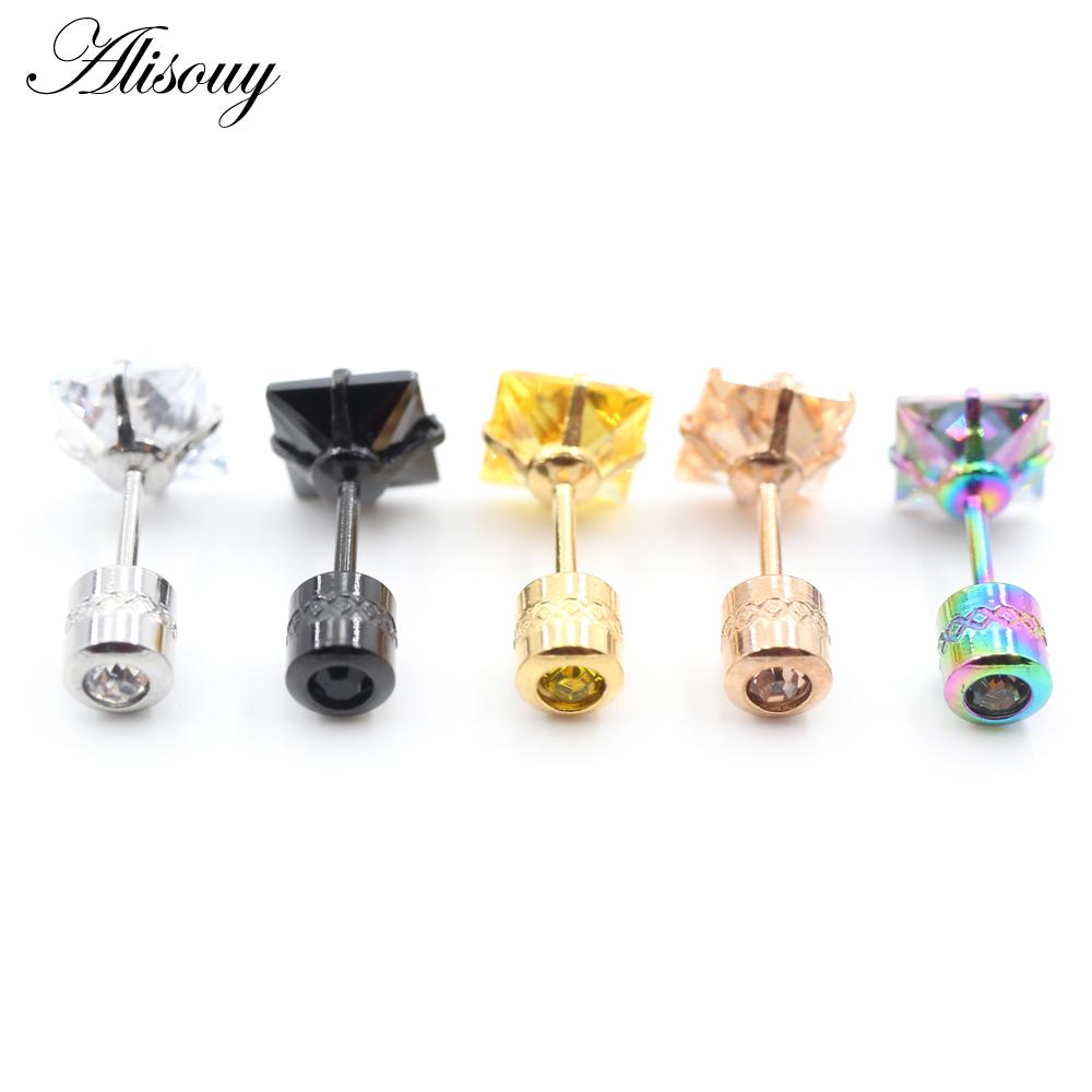 Alisouy 2 bucăți din oțel inoxidabil 4 dinte pătrat zircon CZ femei bărbați fată ureche stud cartilaj șurub cercei piercing bijuterii