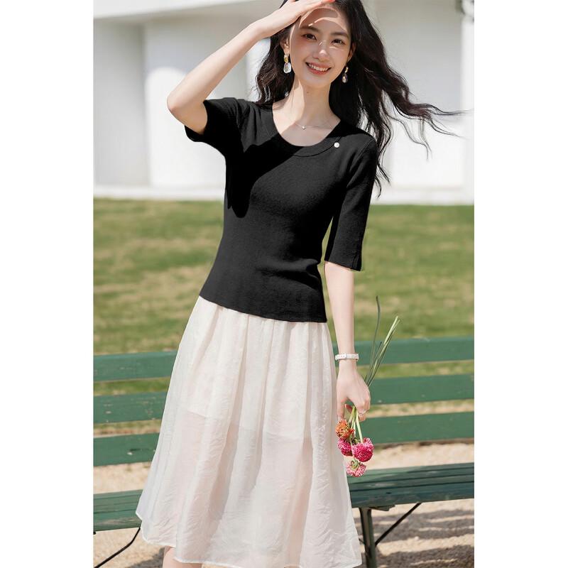 Mokana Women's Elegant Slim U-Neck Mid-Sleeve T-Shirt