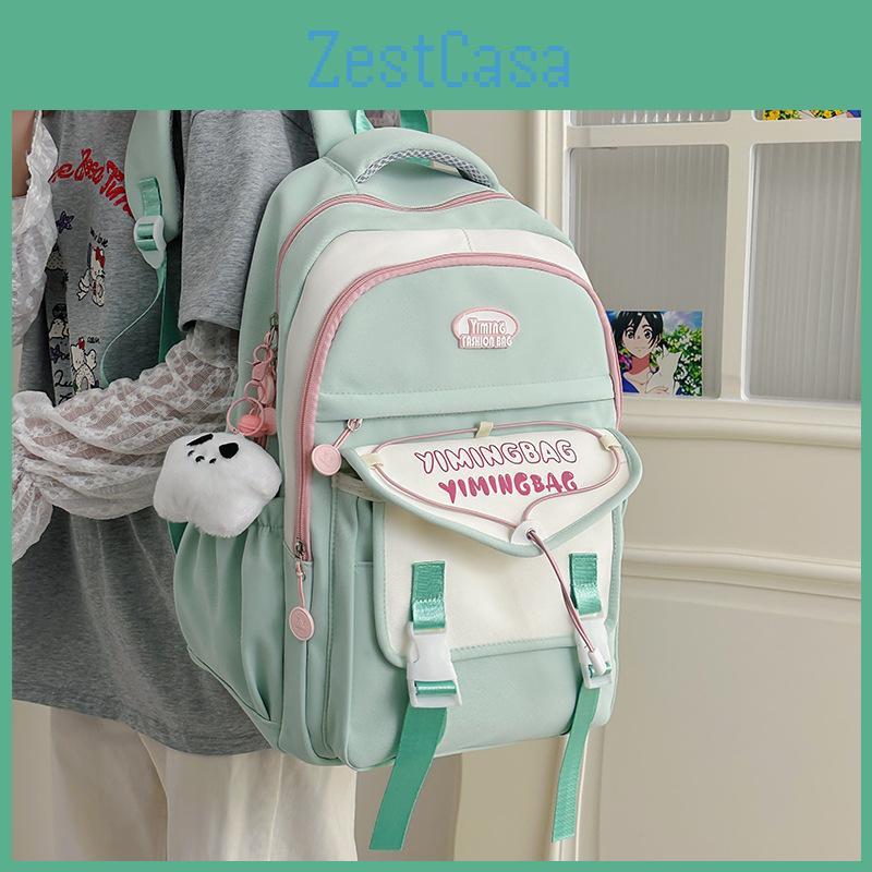 Blocked Color Cute Letter Printed Student Leisure Backpack With Pendant Plush
