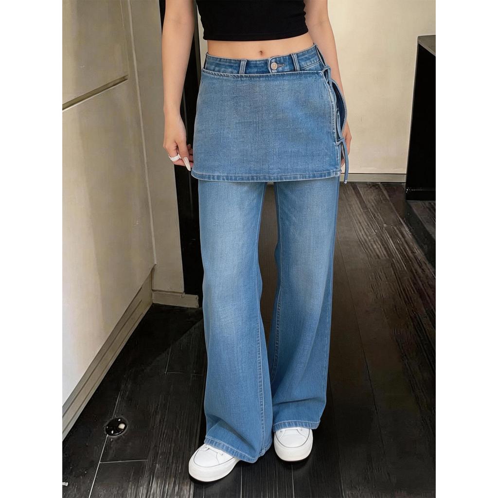American retro fake two-piece denim skirt pants for women's summer high waist and thin Spice girl design sense wide leg trousers ins wear