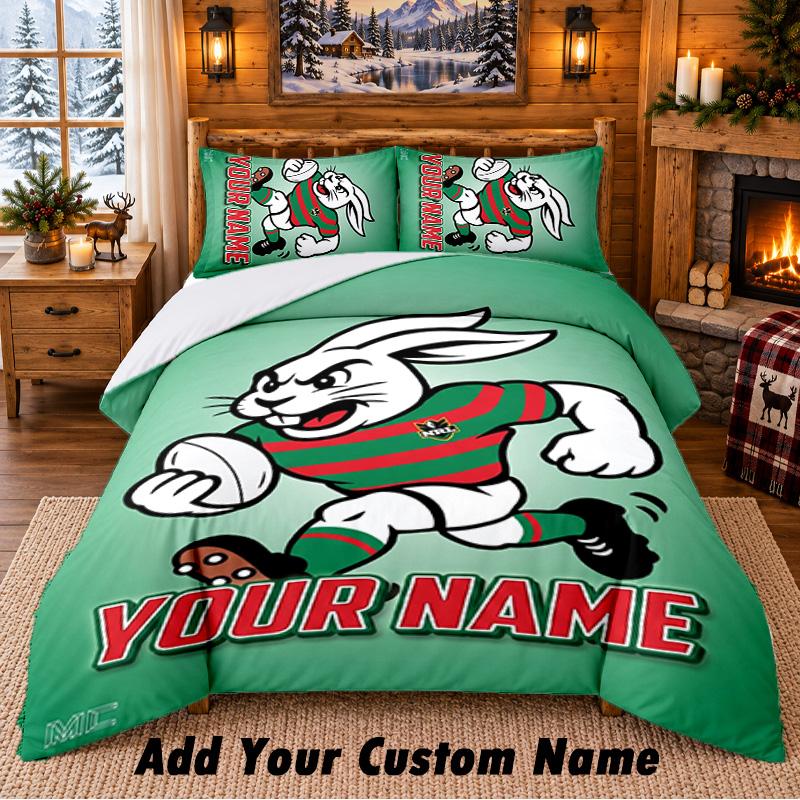 South Sydney Rabbitohs Pattern Bedding 3Pcs Set Custom Name, Bed Sheet And Pillowcases For Home Bedroom