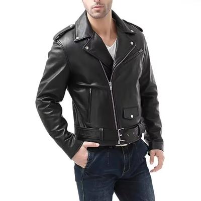 Spring Classical Motorcycle Oblique Zipper Jackets Men Leather Natural Calf Skin Thick Slim Cowhide Moto Biker Man