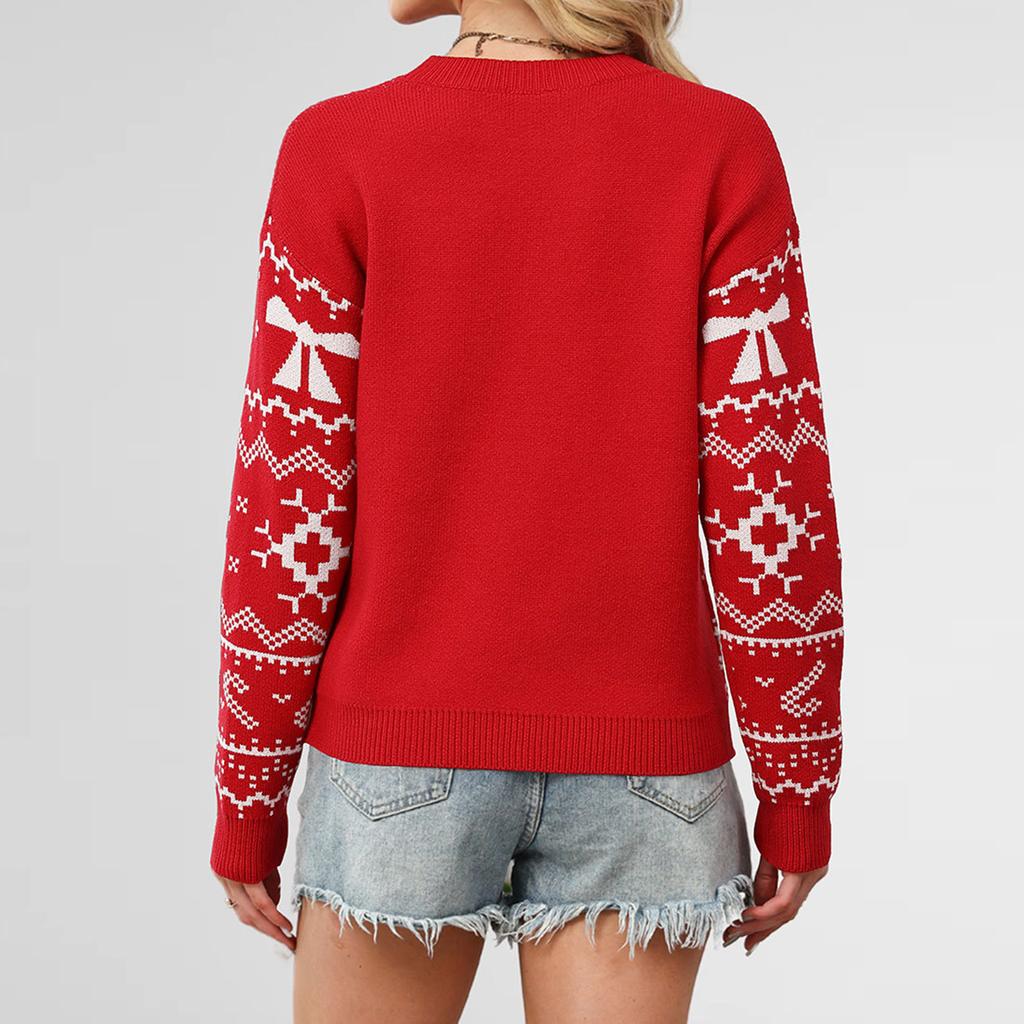 Women's Fashionable Round Neck Long Sleeved Christmas Snowflake Sweater Casual Pullover Knitted Sweater Top