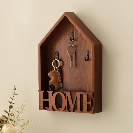 Wooden Home Key Holder with 3 Hooks Rustic House Wall Mount Key Organizer Multi-purpose Home Office Entryway Decorative Key Hanger Rack