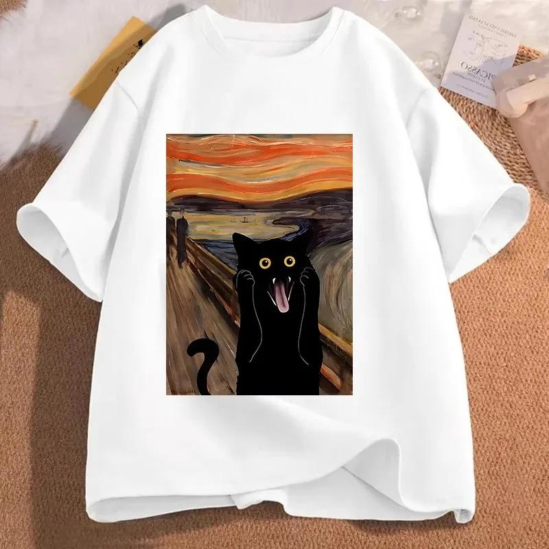 2026 Summer Edvard Munch The Scream Black Cat Emoticon Pack HighQuality Comfortable Casual Unisexs Roundneck Printed TShirt