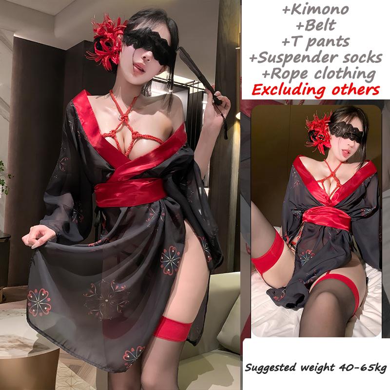 New Japanese Kimono Women Bathrobe Sexy Lingerie Phantom See Through Deep V Black Dress Binding Restraint Panties Set Costumes