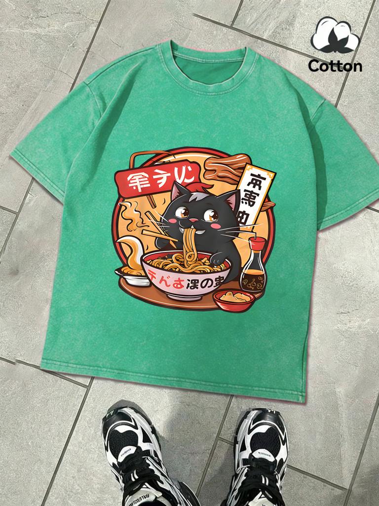 Cat Enjoying Delicious Lamian Noodles Retro Men TShirt Trendy ONeck Tee Fashion Clothing Unisex Cotton Loose Short Sleeve