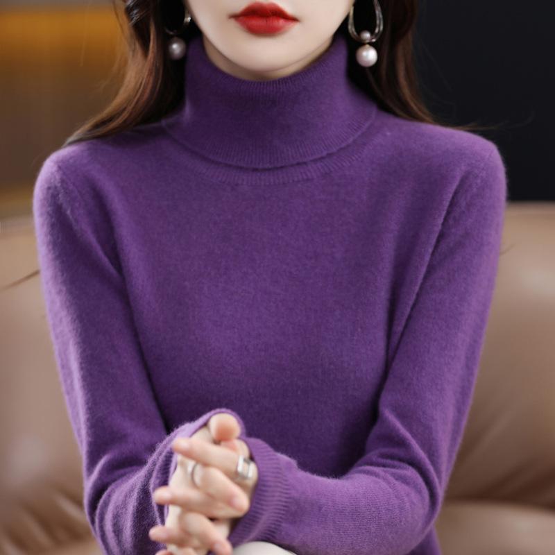 Women's High Neck 100% Pure Wool Sweater - Cashmere Knit Inner Layer Cardigan for Autumn & Winter