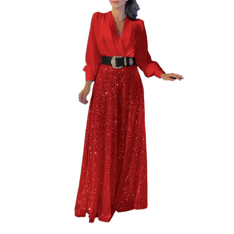 Women's Elegant V-Neck Dress Shirt with Sequined French Wide-Leg Pants