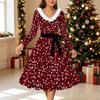 Women Floral Print Midi Dress, Long Sleeve V‑Neck Furry Trim A‑Line Party Dress, Christmas Limited Edition