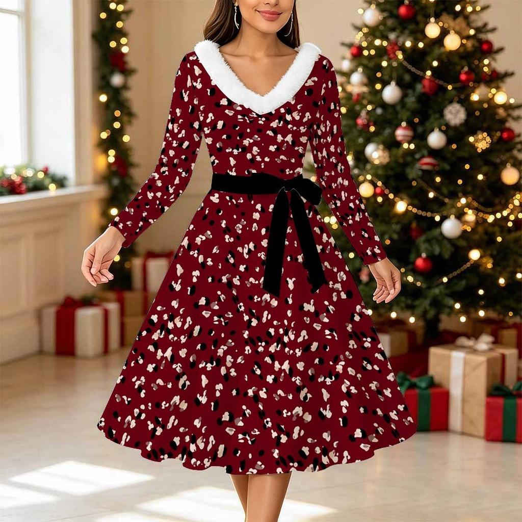 Women Floral Print Midi Dress, Long Sleeve V‑Neck Furry Trim A‑Line Party Dress, Christmas Limited Edition