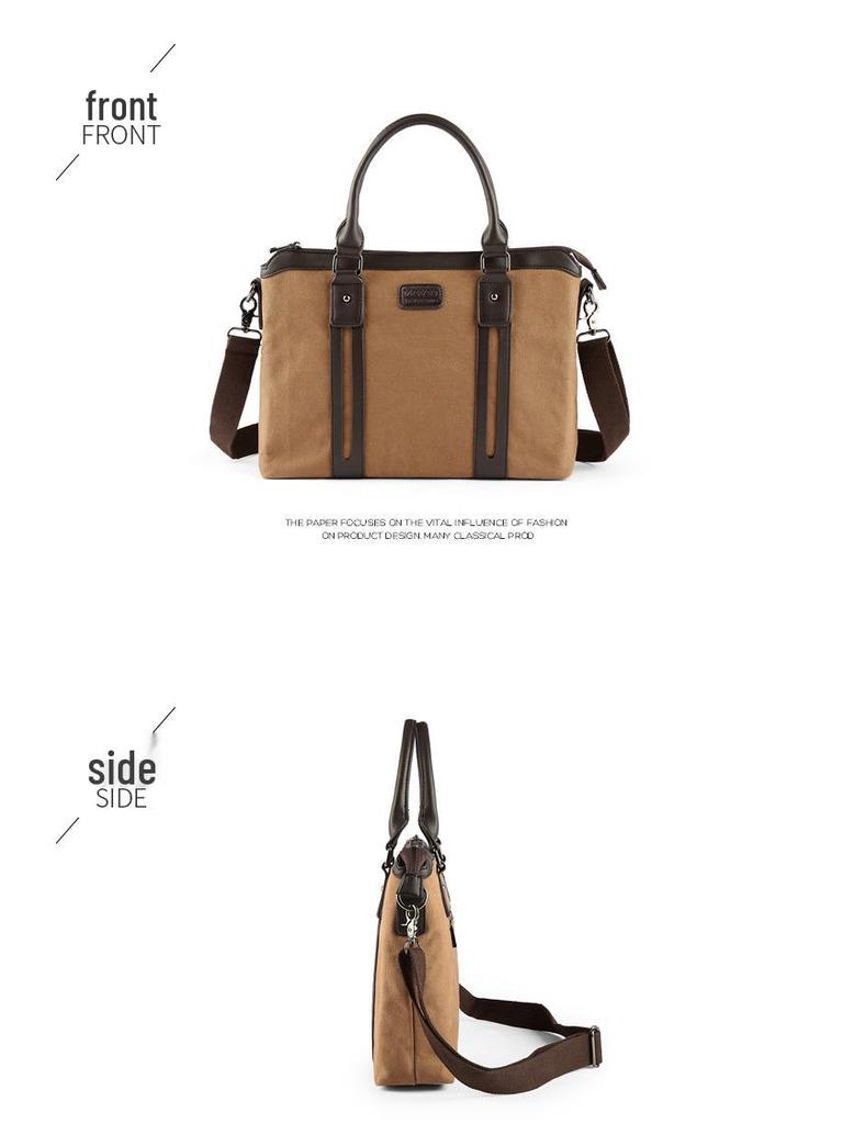 Men's Classic Canvas Business Briefcase: Horizontal Shoulder Bag with Cowhide Accents for Laptop and Daily Use