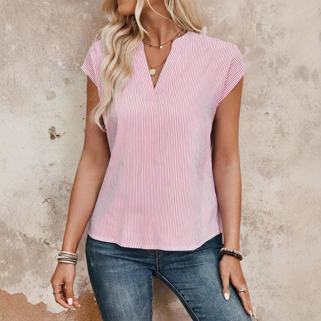 Sommer Neues V-Ausschnitt Gestreiftes Kurzarm-T-Shirt, Lässig und Vielseitig, Schlankmachendes Oberteil für Damen