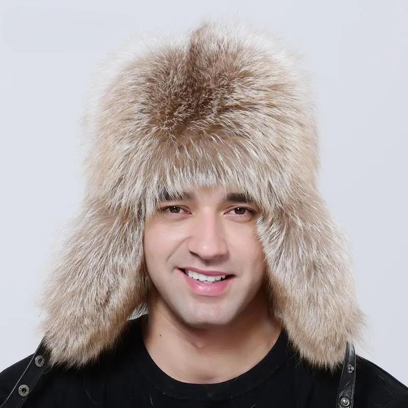 Wintermütze für Herren, natürlicher, flauschiger Waschbärpelz, luxuriös, warm, verstellbar, hochwertige Schaffell-Bombermütze, Uschanka, stilvolle Trappermütze