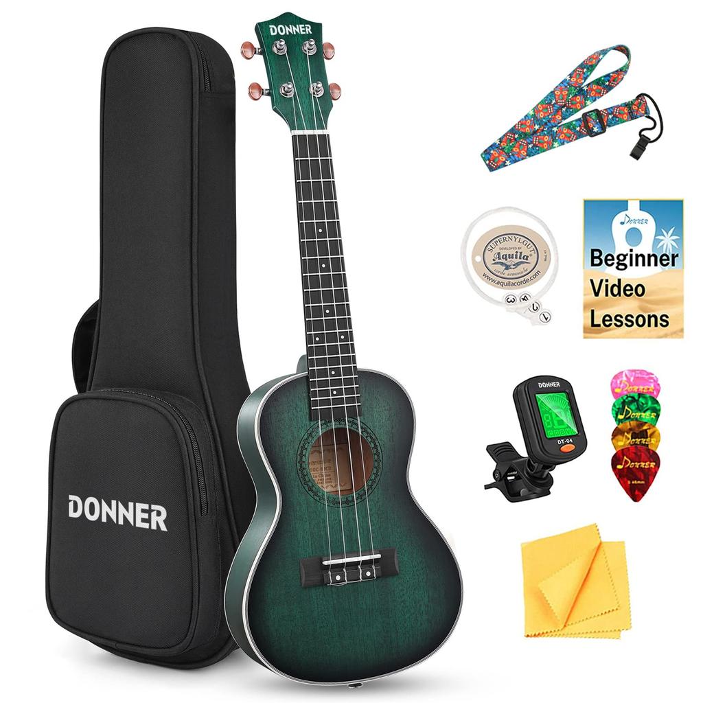 Donner Ukulele Concert Beginner 23 High Quality Polished Accessories Set Including Soft Case and Green Set, Inches, Wood, Finish, 6-Piece Tuner,