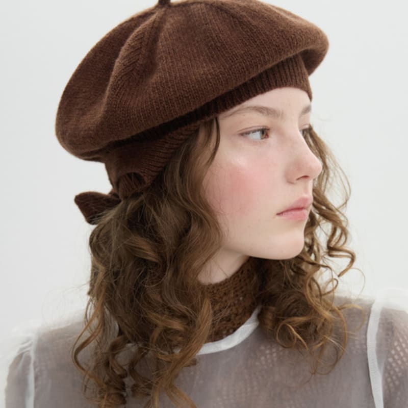 Brown Hat Tricot Ribbon Beret - Brown