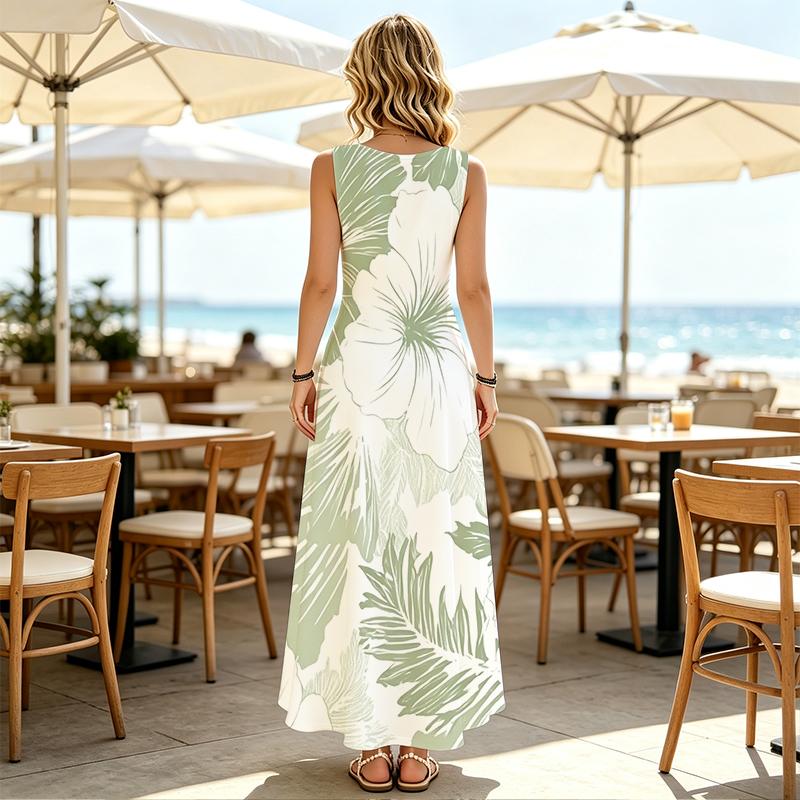 Women's Fresh Green White Lightweight Beach Maxi Dress Elegant Loose Flowy Skirt for Vacation,Photo Taking,Casual Gatherings,Summer Versatile