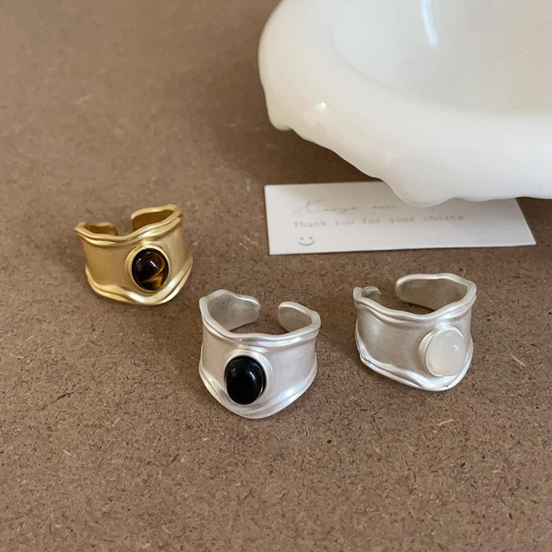 Hong Kong Style Retro Natural Stone Matte Metal Opening Ring Female Niche Personality Simple Temperament Versatile Ring Ring